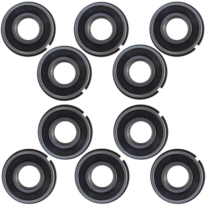 Deep groove geometry for supporting both radial and axial loads and high speeds | Rubber seals on both sides to keep lubricant in and contaminants out | Snap ring in groove on outer ring for axial location of bearing | Lubricated at the factory with grease