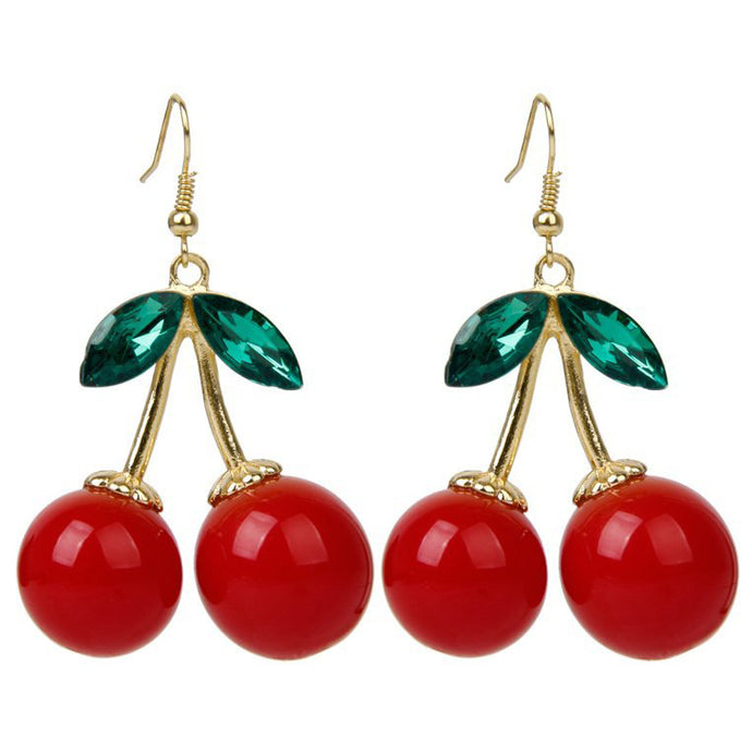 1 Pair Red Cherry Dangle Earrings, Gold Color Metal with Green Rhinestone Accents, 1.6-Inch Height