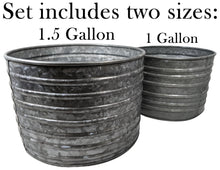 Load image into Gallery viewer, Set of Two Different Size (1½ Gallons and 1 Gallon) Galvanized Ribbed Flower Pots for Indoor or Outdoor Plants - Rustic Look, Ideal for Farmhouse Theme
