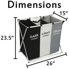 Load image into Gallery viewer, 3 Section Laundry Basket for Dark, Light, and Color Clothes Hamper, Collapsible Design with Carry Handle, 26&quot; Long x 15&quot; Wide x 23.5&quot; Tall
