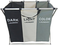 Load image into Gallery viewer, 3 Section Laundry Basket for Dark, Light, and Color Clothes Hamper, Collapsible Design with Carry Handle, 26&quot; Long x 15&quot; Wide x 23.5&quot; Tall
