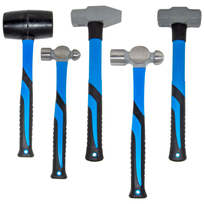 5 Piece Heavy Duty Hammer Set - Includes 32oz Rubber Mallet, 3lb Sledge Hammer, 3lb Cross Pein Hammer, 32oz and 16oz Ball Pein Hammers