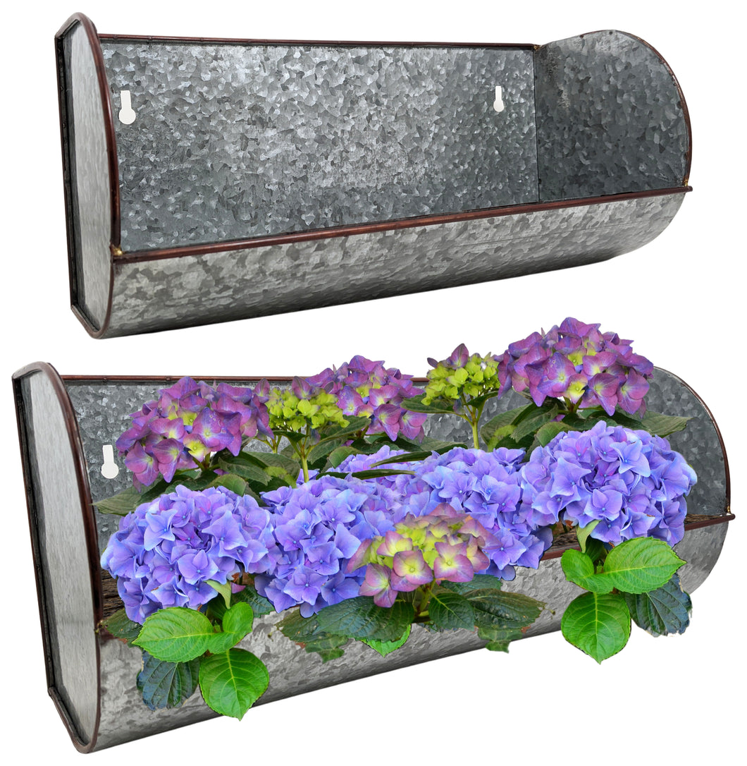 Galvanized Wall Mount Flower Pot Set, Includes Two Different Size Planters, Silver Color with Burgundy Trim