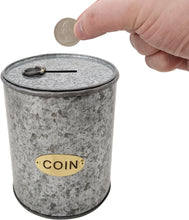 Load image into Gallery viewer, Galvanized Coin Can with Coin Slot &amp; Removable Lid, Silver Piggybank with Gold Emblem on Front, Rustic Farmhouse Design for Country Themed Room / Home
