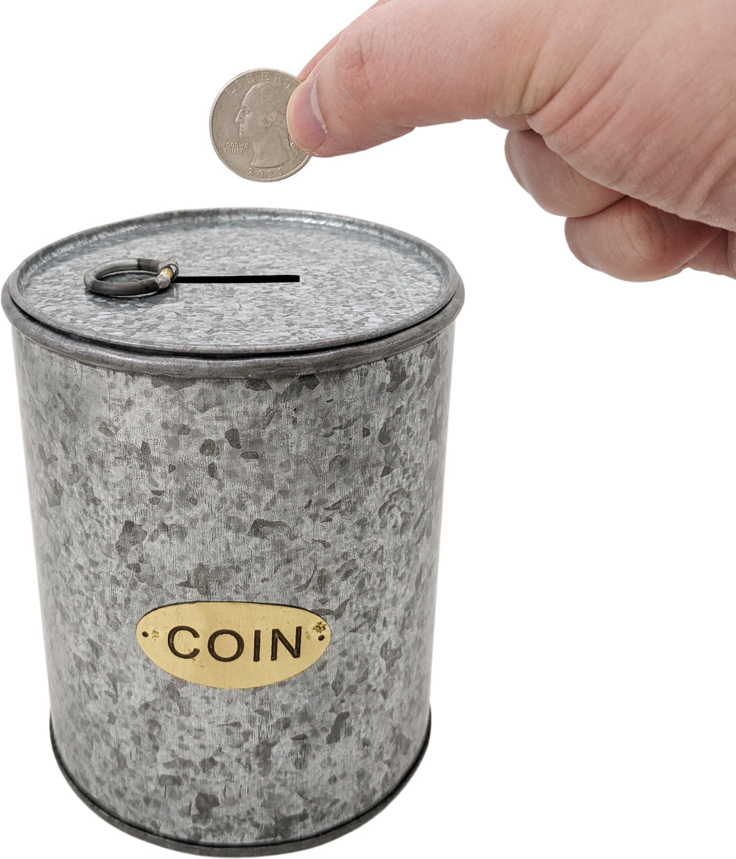Galvanized Coin Can with Coin Slot & Removable Lid, Silver Piggybank with Gold Emblem on Front, Rustic Farmhouse Design for Country Themed Room / Home