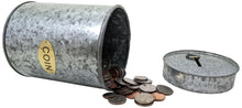 Load image into Gallery viewer, Galvanized Coin Can with Coin Slot &amp; Removable Lid, Silver Piggybank with Gold Emblem on Front, Rustic Farmhouse Design for Country Themed Room / Home
