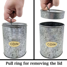 Load image into Gallery viewer, Galvanized Coin Can with Coin Slot &amp; Removable Lid, Silver Piggybank with Gold Emblem on Front, Rustic Farmhouse Design for Country Themed Room / Home
