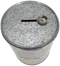 Load image into Gallery viewer, Galvanized Coin Can with Coin Slot &amp; Removable Lid, Silver Piggybank with Gold Emblem on Front, Rustic Farmhouse Design for Country Themed Room / Home
