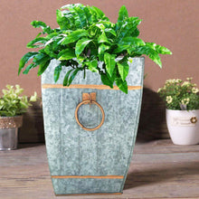Load image into Gallery viewer, 12.50&quot; Tall Galvanized Metal Vase, Silver with Copper Accents, Ideal for Garden, Floral Arrangements, or as a Trash Can Garbage Pail - Rustic Flair for Country, Mid-Century, or Farmhouse Themed Home
