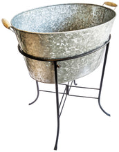 Load image into Gallery viewer, 10.5&quot; Tall 8 Gallon Free-Standing Galvanized Metal Beverage Tub with Removable Stand, Wooden Carry Handles - Ice Bucket Drink Holder for Indoor or Outdoor Party
