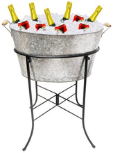 Load image into Gallery viewer, 10.5&quot; Tall 8 Gallon Free-Standing Galvanized Metal Beverage Tub with Removable Stand, Wooden Carry Handles - Ice Bucket Drink Holder for Indoor or Outdoor Party
