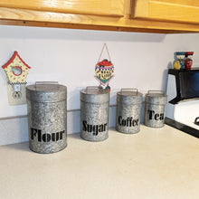 Load image into Gallery viewer, Set of 4 Galvanized Metal Kitchen Storage Canisters with Lids - Includes a Container for Flour, Sugar, Coffee, &amp; Tea - Rustic Country Farmhouse Theme

