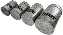 Load image into Gallery viewer, Set of 4 Galvanized Metal Kitchen Storage Canisters with Lids - Includes a Container for Flour, Sugar, Coffee, &amp; Tea - Rustic Country Farmhouse Theme
