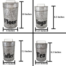 Load image into Gallery viewer, Set of 4 Galvanized Metal Kitchen Storage Canisters with Lids - Includes a Container for Flour, Sugar, Coffee, &amp; Tea - Rustic Country Farmhouse Theme
