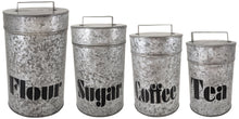 Load image into Gallery viewer, Set of 4 Galvanized Metal Kitchen Storage Canisters with Lids - Includes a Container for Flour, Sugar, Coffee, &amp; Tea - Rustic Country Farmhouse Theme
