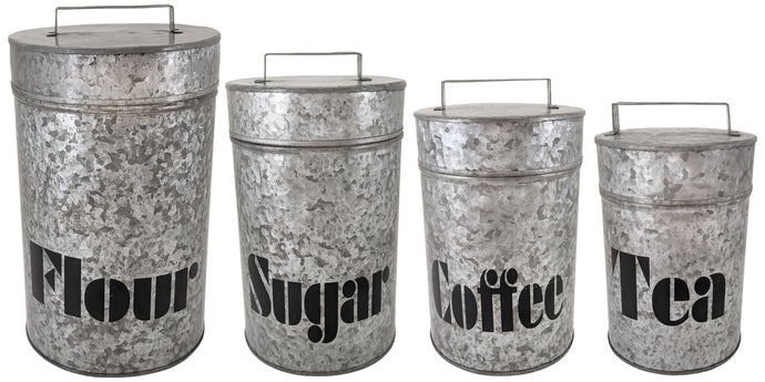 Set of 4 Galvanized Metal Kitchen Storage Canisters with Lids - Includes a Container for Flour, Sugar, Coffee, & Tea - Rustic Country Farmhouse Theme