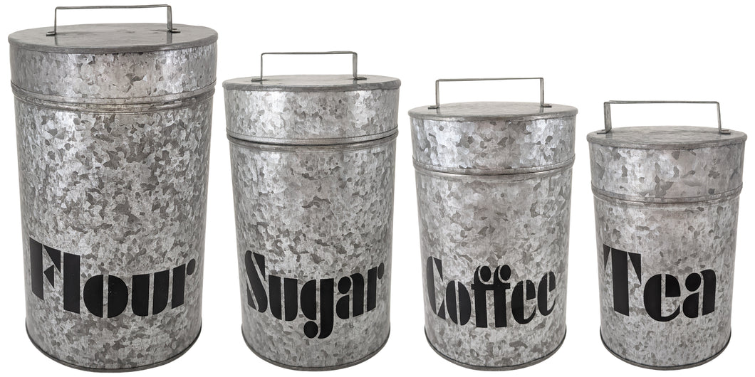 Set of 4 Galvanized Metal Kitchen Storage Canisters with Lids - Includes a Container for Flour, Sugar, Coffee, & Tea - Rustic Country Farmhouse Theme