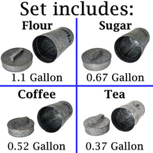 Load image into Gallery viewer, Set of 4 Galvanized Metal Kitchen Storage Canisters with Lids - Includes a Container for Flour, Sugar, Coffee, &amp; Tea - Rustic Country Farmhouse Theme
