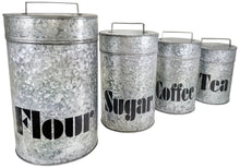 Load image into Gallery viewer, Set of 4 Galvanized Metal Kitchen Storage Canisters with Lids - Includes a Container for Flour, Sugar, Coffee, &amp; Tea - Rustic Country Farmhouse Theme
