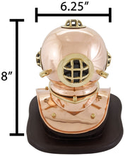 Load image into Gallery viewer, 8 Inch Solid Copper and Brass Miniature Replica 1941 U.S. Navy Mark IV Diving Helmet with Wooden Display Stand, Nautical Marine Memorabilia Decoration
