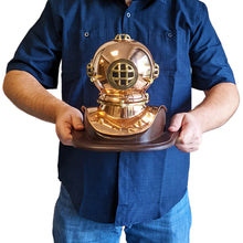 Load image into Gallery viewer, 8 Inch Solid Copper and Brass Miniature Replica 1941 U.S. Navy Mark IV Diving Helmet with Wooden Display Stand, Nautical Marine Memorabilia Decoration
