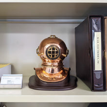 Load image into Gallery viewer, 8 Inch Solid Copper and Brass Miniature Replica 1941 U.S. Navy Mark IV Diving Helmet with Wooden Display Stand, Nautical Marine Memorabilia Decoration
