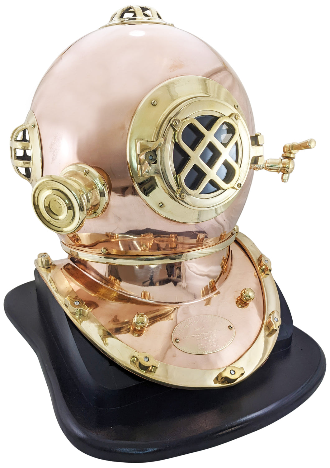 18 Inch Solid Copper & Brass Replica 1941 U.S. Navy Mark IV Diving Helmet + Wooden Display Stand, Collectible Nautical Marine Memorabilia Decoration
