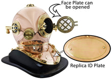 Load image into Gallery viewer, 18 Inch Solid Copper &amp; Brass Replica 1941 U.S. Navy Mark IV Diving Helmet + Wooden Display Stand, Collectible Nautical Marine Memorabilia Decoration
