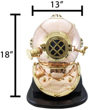 Load image into Gallery viewer, 18 Inch Solid Copper &amp; Brass Replica 1941 U.S. Navy Mark IV Diving Helmet + Wooden Display Stand, Collectible Nautical Marine Memorabilia Decoration
