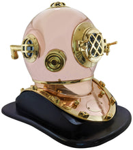 Load image into Gallery viewer, 18 Inch Solid Copper &amp; Brass Replica 1941 U.S. Navy Mark IV Diving Helmet + Wooden Display Stand, Collectible Nautical Marine Memorabilia Decoration
