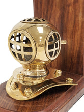 Load image into Gallery viewer, Brass Replica Mark IV Diving Helmet Bookend Pair - Stained Wooden Bases, Functional &amp; Decorative Nautical Marine Memorabilia (5.7&quot; L × 4&quot; W × 6.7&quot; H)
