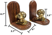 Load image into Gallery viewer, Brass Replica Mark IV Diving Helmet Bookend Pair - Stained Wooden Bases, Functional &amp; Decorative Nautical Marine Memorabilia (5.7&quot; L × 4&quot; W × 6.7&quot; H)
