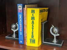 Load image into Gallery viewer, Silver Globe Bookend Pair - Black Wooden Bases with Metal Accents, Decorative Bookends, Antique Style Nickel Plated Aluminum Planet Earth Globes
