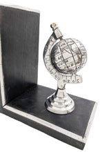 Load image into Gallery viewer, Silver Globe Bookend Pair - Black Wooden Bases with Metal Accents, Decorative Bookends, Antique Style Nickel Plated Aluminum Planet Earth Globes
