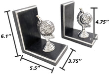 Load image into Gallery viewer, Silver Globe Bookend Pair - Black Wooden Bases with Metal Accents, Decorative Bookends, Antique Style Nickel Plated Aluminum Planet Earth Globes
