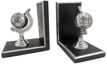 Load image into Gallery viewer, Silver Globe Bookend Pair - Black Wooden Bases with Metal Accents, Decorative Bookends, Antique Style Nickel Plated Aluminum Planet Earth Globes
