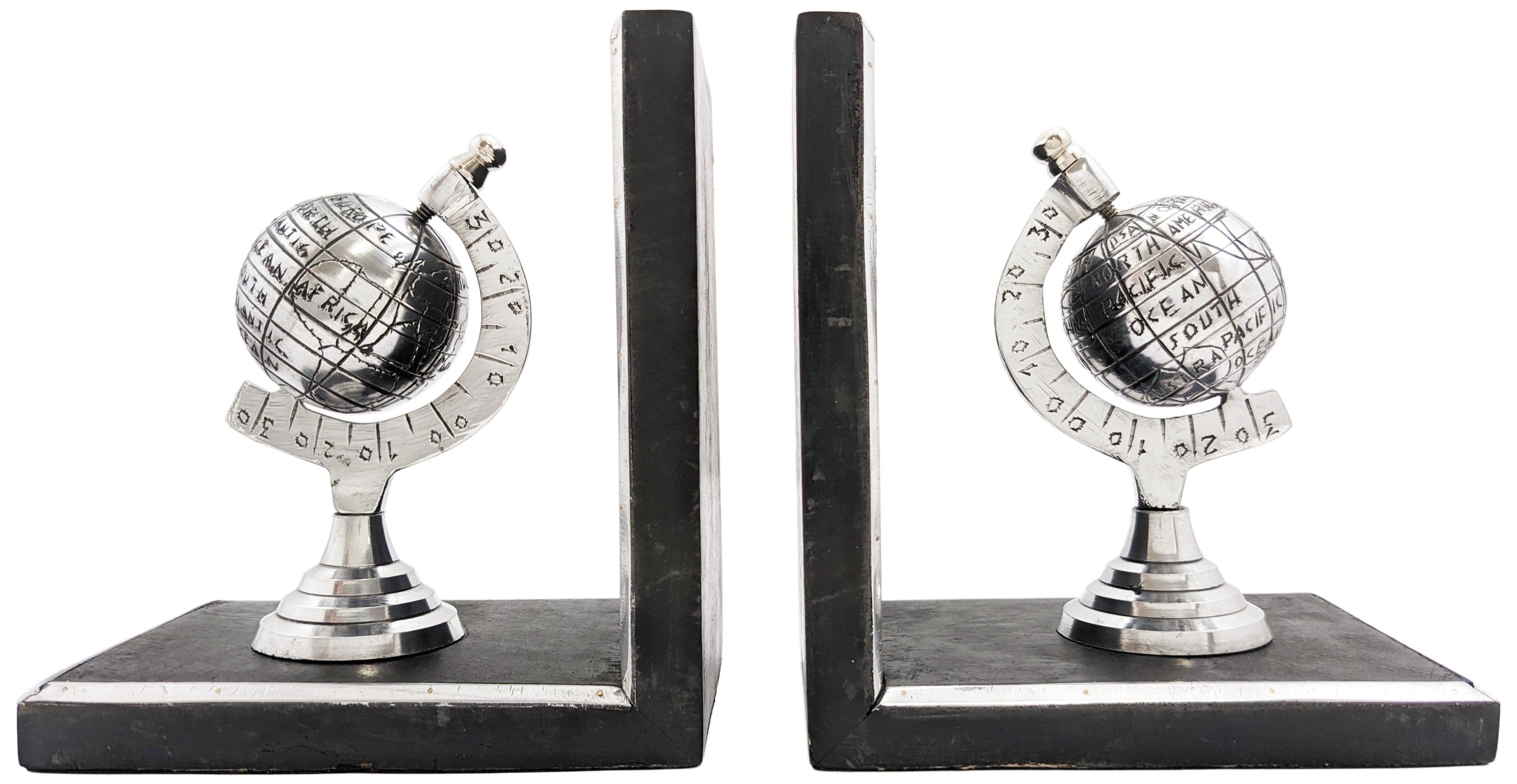 Silver Globe Bookend Pair - Black Wooden Bases with Metal Accents, Dec ...