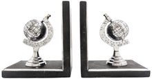 Load image into Gallery viewer, Silver Globe Bookend Pair - Black Wooden Bases with Metal Accents, Decorative Bookends, Antique Style Nickel Plated Aluminum Planet Earth Globes
