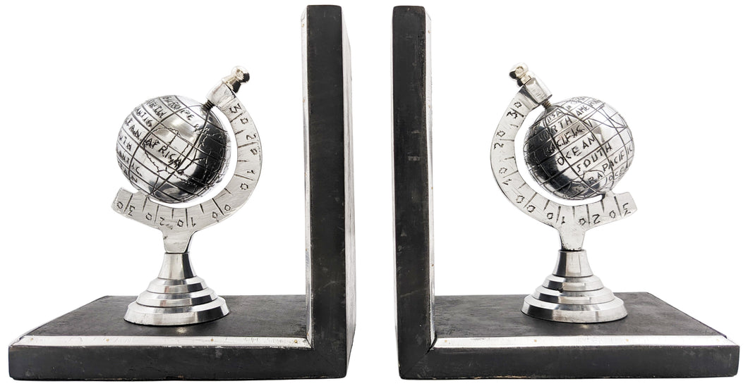 Silver Globe Bookend Pair - Black Wooden Bases with Metal Accents, Decorative Bookends, Antique Style Nickel Plated Aluminum Planet Earth Globes