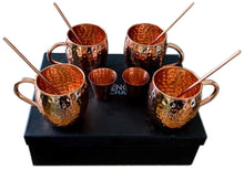 Load image into Gallery viewer, Set of 4 Pure Copper Moscow Mule Mugs Gift Set with 4 Copper Cocktail Straws and 2 Shot Glasses, Each Hammered Mug Holds 16 Ounces

