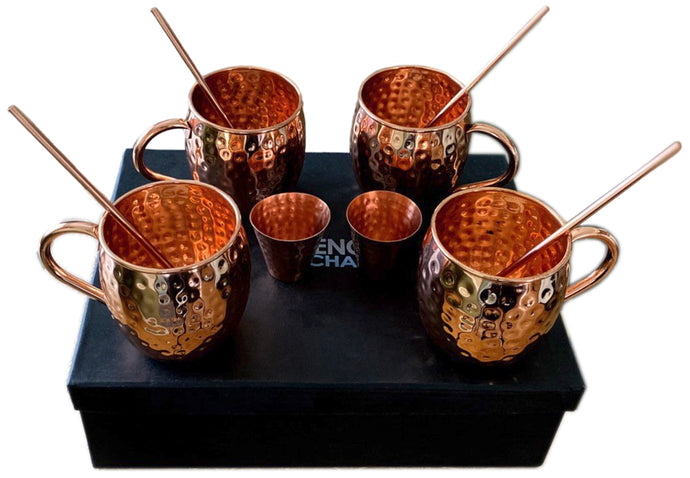 Set of 4 Pure Copper Moscow Mule Mugs Gift Set with 4 Copper Cocktail Straws and 2 Shot Glasses, Each Hammered Mug Holds 16 Ounces