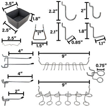 Load image into Gallery viewer, 80 Piece Pegboard Hooks &amp; Holders Set for 1/8&quot; or 1/4&quot; Pegboards with 1&quot; Spacing - Includes Straight, Curved, Angled Hook + Ring, Plier Holder + Bins
