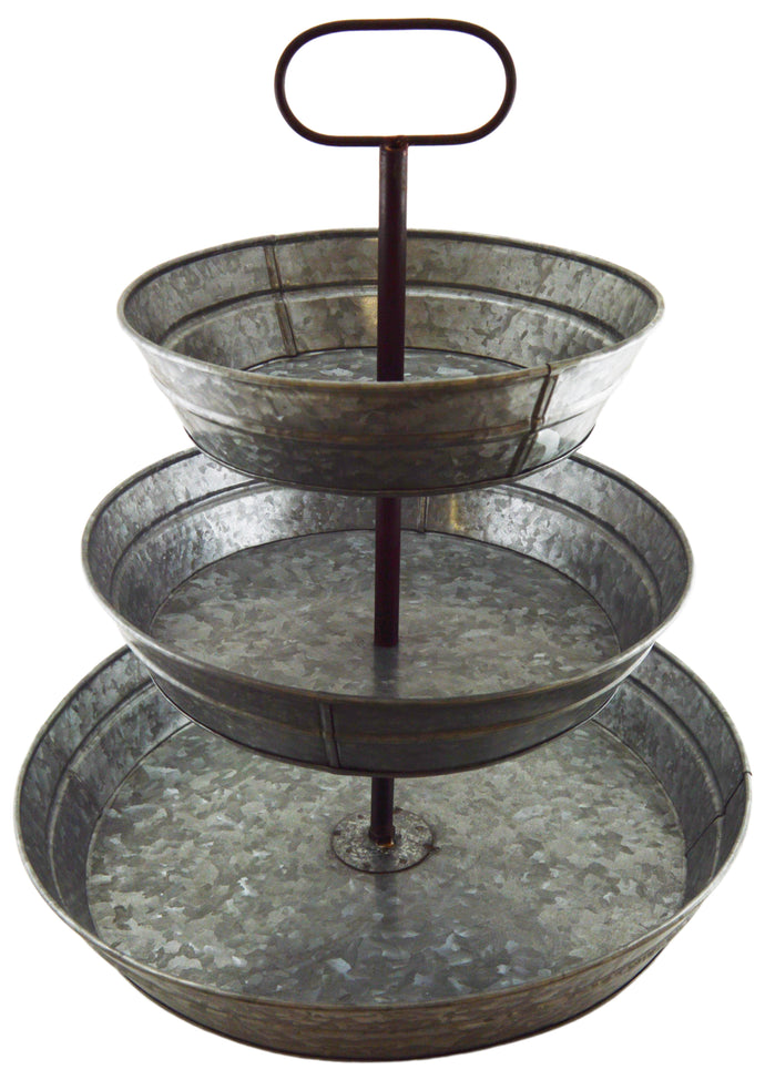 3 Tier Galvanized Steel Serving Tray with Handle, Rustic Vintage Farmhouse Style Party Platters for Cupcakes, Fruit, and Other Desserts or Foods