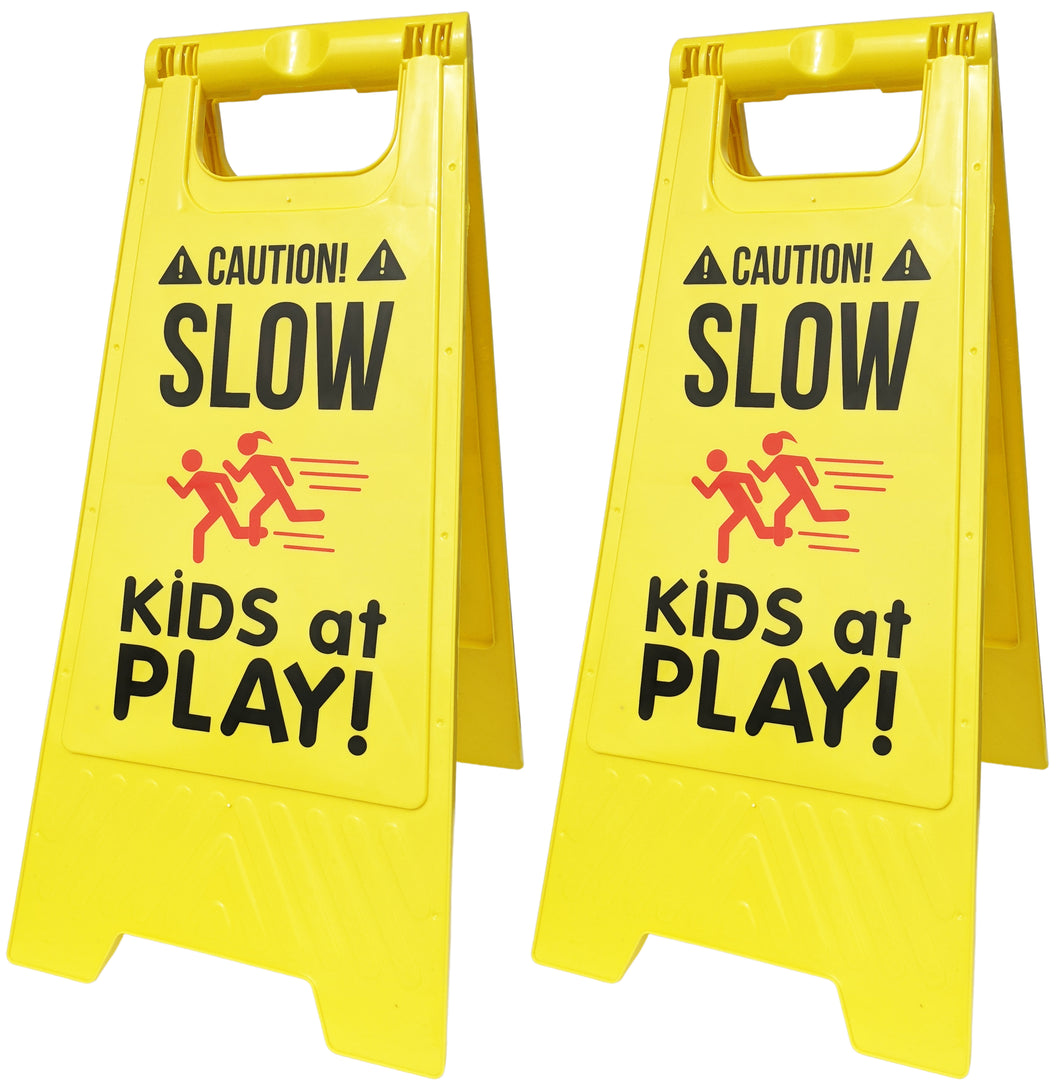 Caution! SLOW - KIDS at PLAY! Sign, Double Sided, High Visibility Yellow Color, Fold-Out with Handle