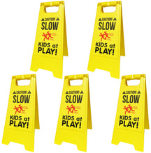 Load image into Gallery viewer, Caution! SLOW - KIDS at PLAY! Sign, Double Sided, High Visibility Yellow Color, Fold-Out with Handle
