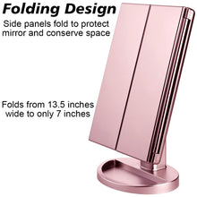 Load image into Gallery viewer, Makeup 3 Panel Vanity Mirror with Lights, 1x 2x 3x Magnification, Touch Screen Switch, 180 Degree Rotation, Portable Trifold Makeup Mirror
