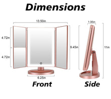 Load image into Gallery viewer, Makeup 3 Panel Vanity Mirror with Lights, 1x 2x 3x Magnification, Touch Screen Switch, 180 Degree Rotation, Portable Trifold Makeup Mirror
