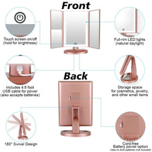 Load image into Gallery viewer, Makeup 3 Panel Vanity Mirror with Lights, 1x 2x 3x Magnification, Touch Screen Switch, 180 Degree Rotation, Portable Trifold Makeup Mirror
