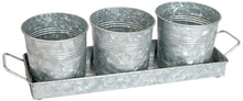 Load image into Gallery viewer, Set of 3 Galvanized Metal 5-Inch Flower Pots with Caddy Tray for Plants &amp; Herbs or Silverware - Rustic Country, Mid-Century, Farmhouse Garden, Kitchen
