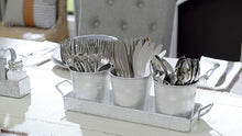 Load image into Gallery viewer, Set of 3 Galvanized Metal 5-Inch Flower Pots with Caddy Tray for Plants &amp; Herbs or Silverware - Rustic Country, Mid-Century, Farmhouse Garden, Kitchen

